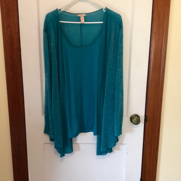 Turquoise blouse with sown blouse in cardigan - Picture 1 of 5